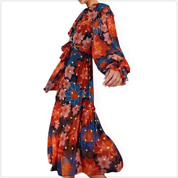 Farm Rio Navy Garden Lenzing Ecovero Viscose Midi Dress Blue Floral NWT New XL - Picture 3 of 8